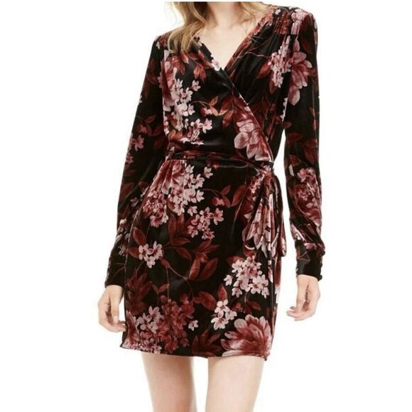 Leyden Black Pink Velvet Floral Long Sleeve Wrap Mini Dress Large - Picture 1 of 13